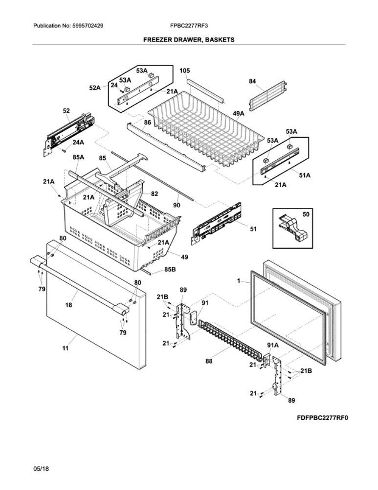 Freezer Drawer, Baskets Diagram and Parts List for FPBG2277RF3  Frigidaire Refrigerator