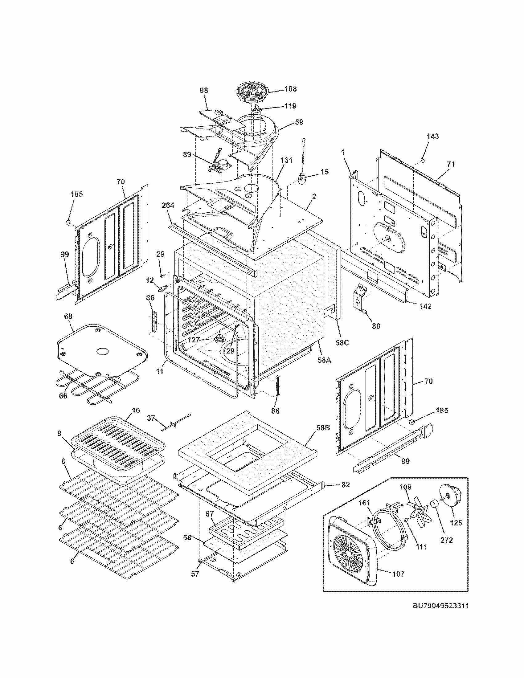 Upper Oven Diagram and Parts List for 79049522312  Kenmore Wall Oven