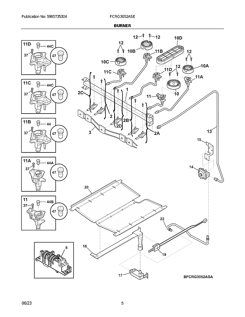 Burner Diagram and Parts List for FCRG3052ASE  Frigidaire Range