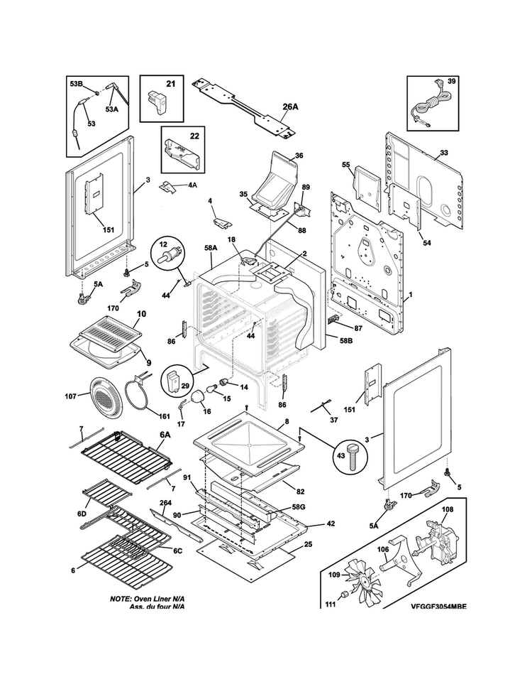 Body Diagram and Parts List for FGGF3054MWF  Frigidaire Range