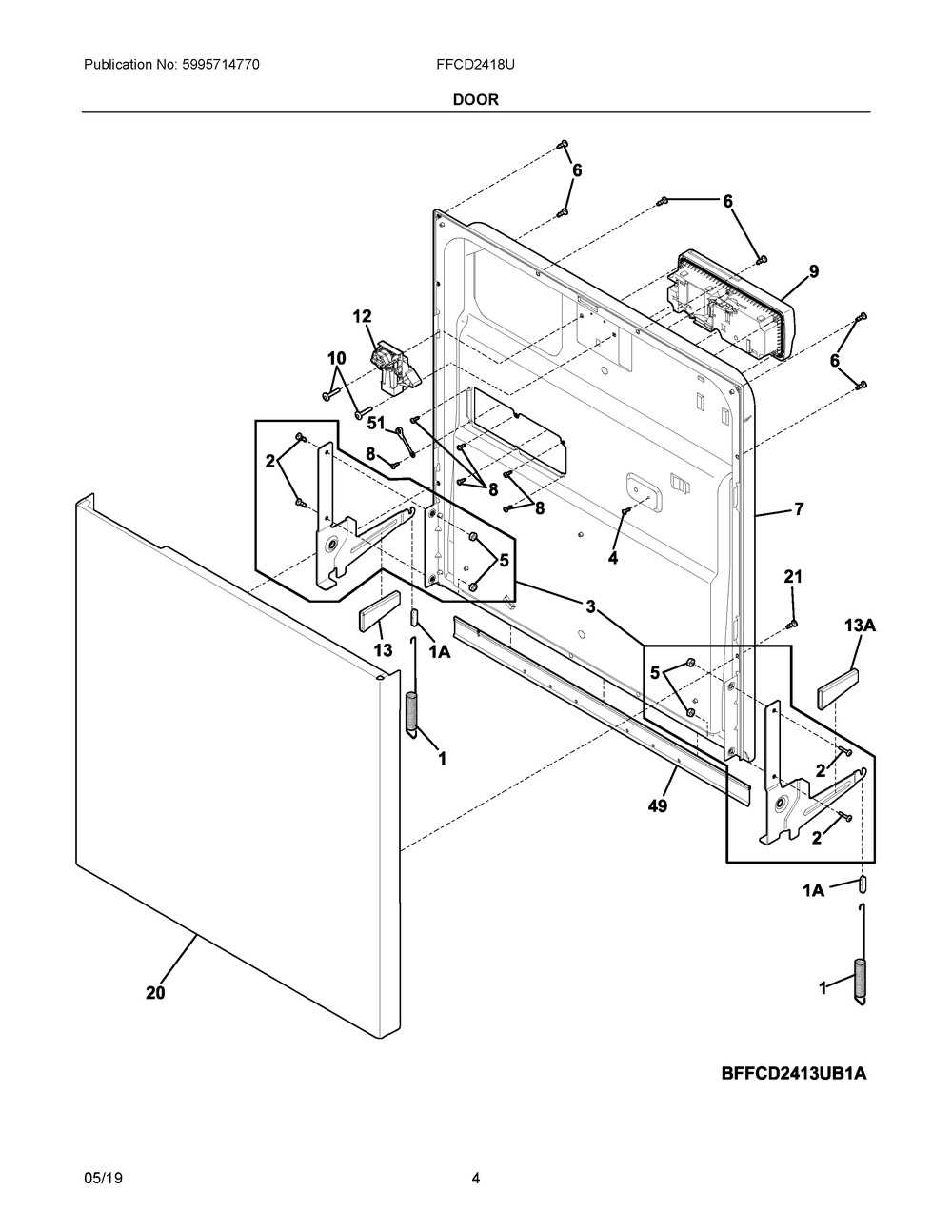 Door Diagram and Parts List for FFCD2418UB1A  Frigidaire Dishwasher