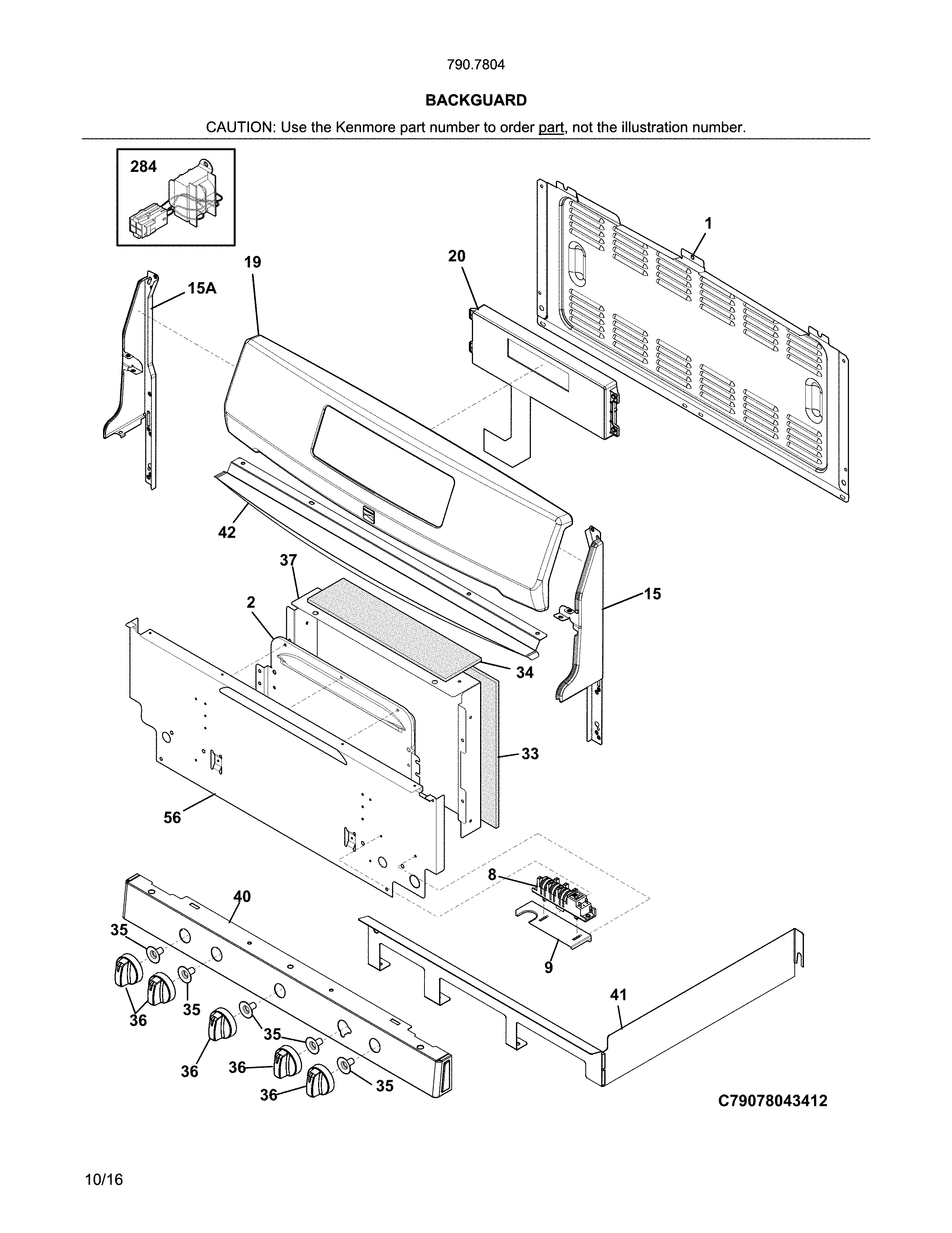 Backguard Diagram and Parts List for 79078042412  Kenmore Range
