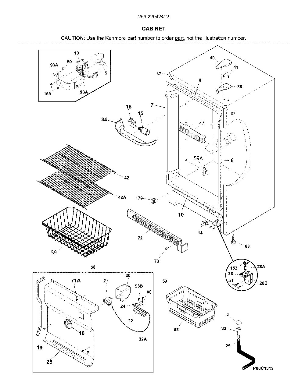 Cabinet Diagram and Parts List for 25322042412  Kenmore Freezer