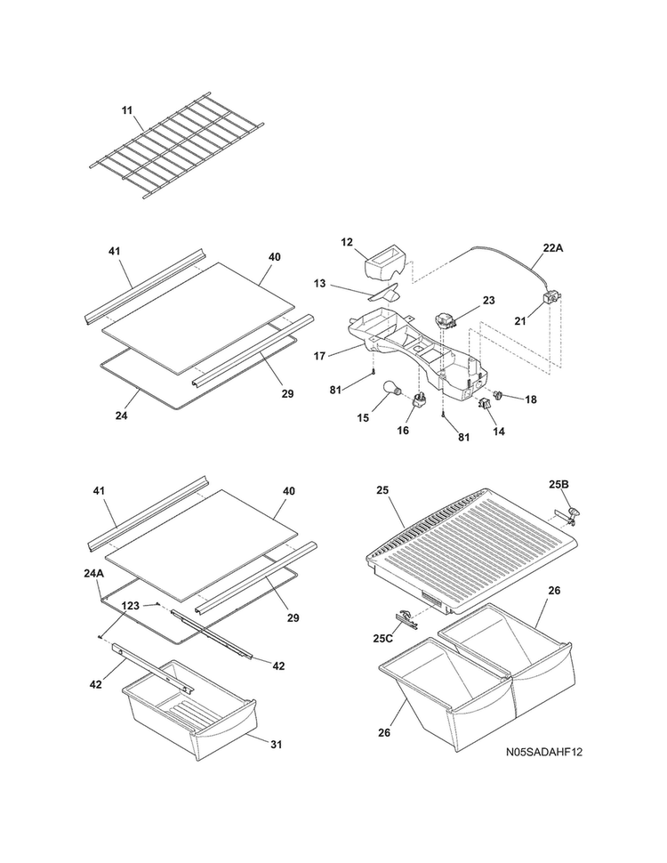 Shelves Diagram and Parts List for FFTR1515LWE  Frigidaire Refrigerator
