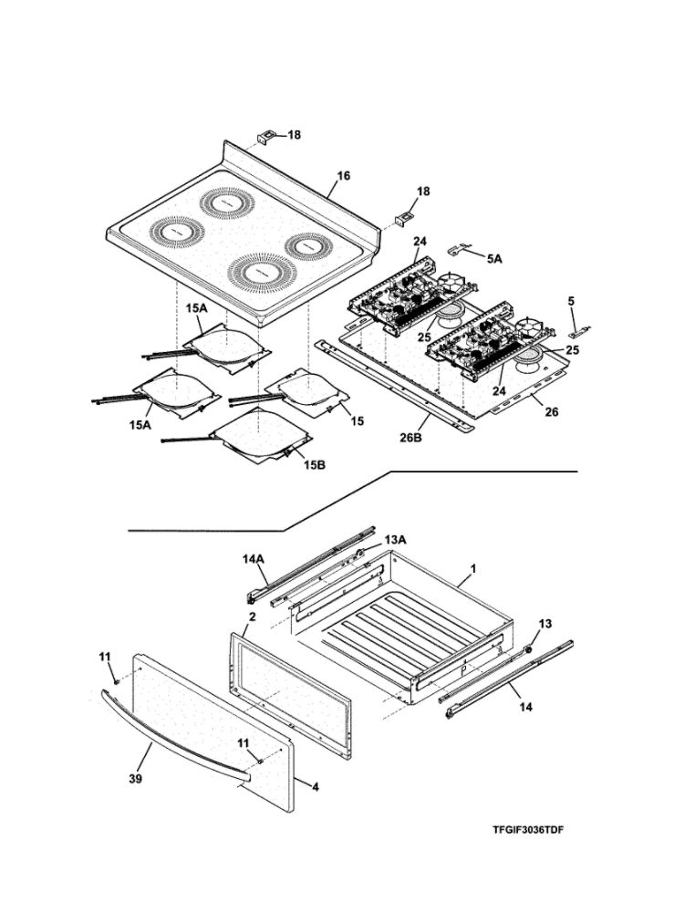 Top/Drawer Diagram and Parts List for FGIF3036TFG  Frigidaire Range