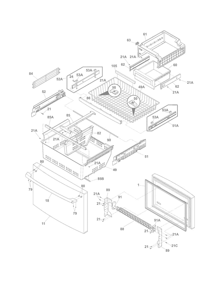 Freezer Drawer, Baskets Diagram and Parts List for EW28BS85KS5  Electrolux Refrigerator