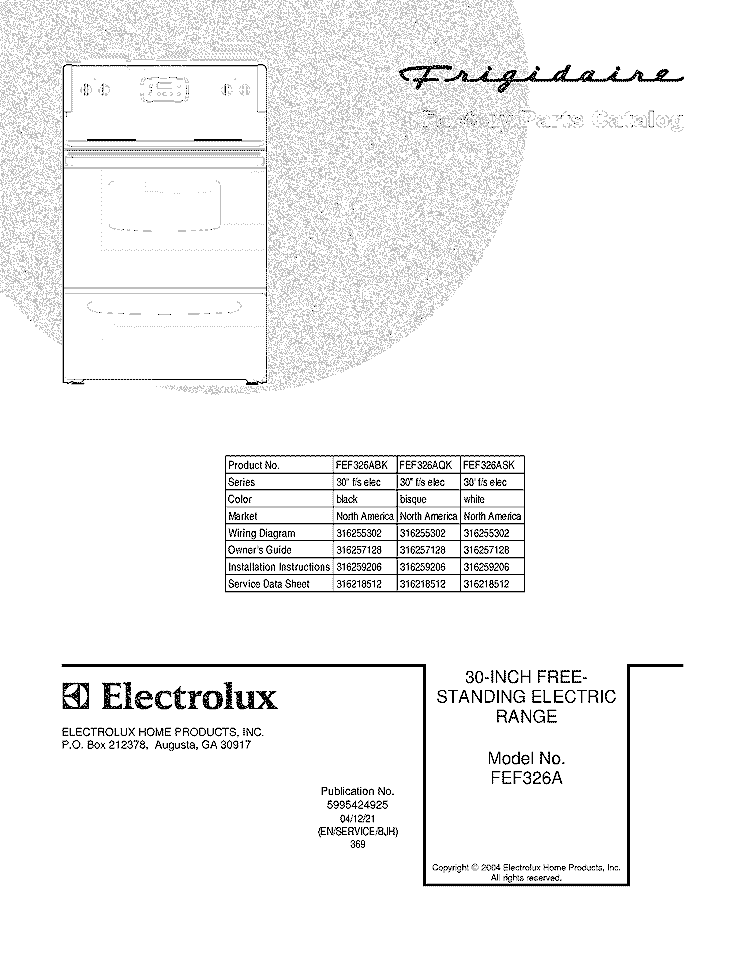 COVER Diagram and Parts List for FEF326ABK  Frigidaire Range