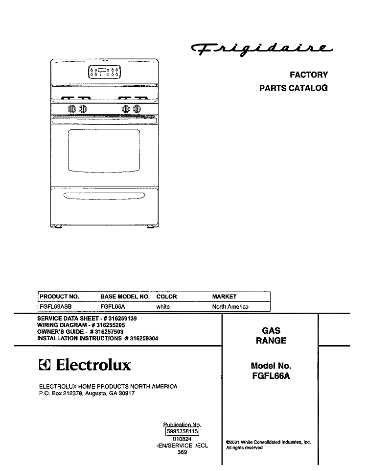 COVER Diagram and Parts List for FGFL66ASB  Frigidaire Range