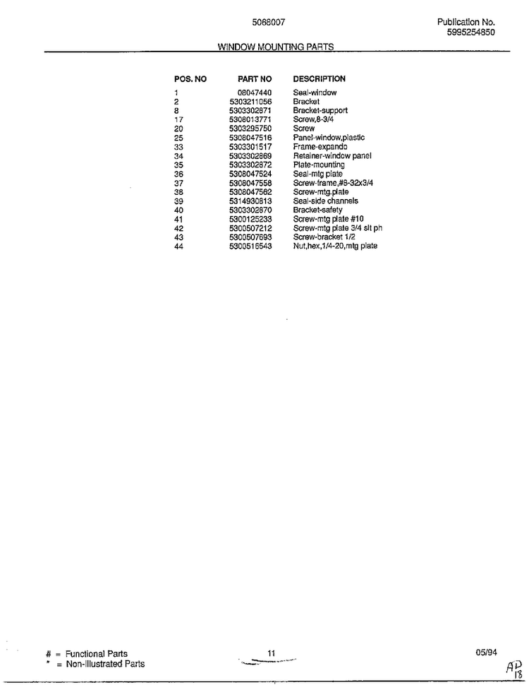 Window Mounting Parts Page 2 Diagram and Parts List for 5068007B  Frigidaire Air Conditioner