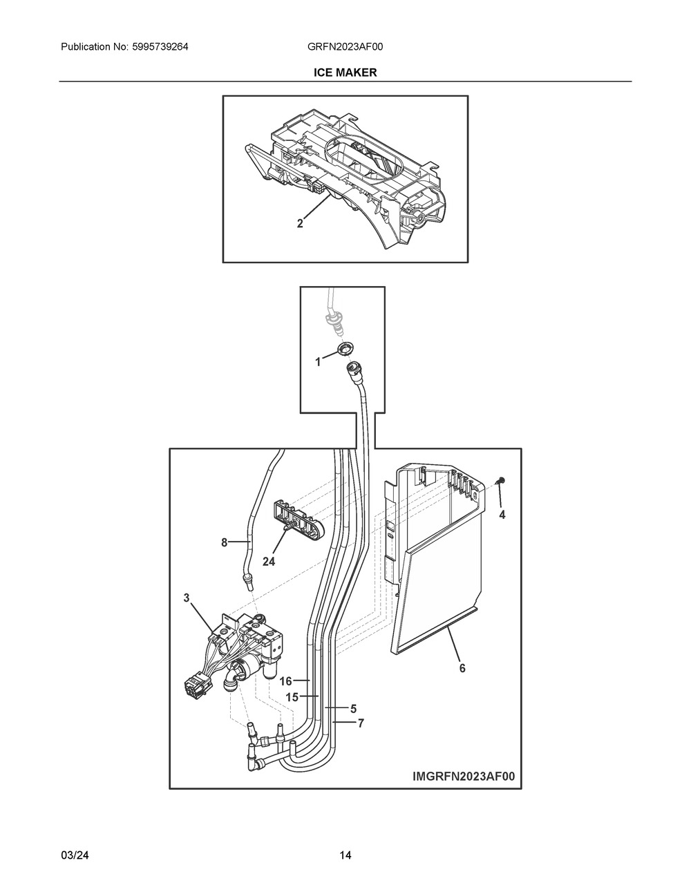 Ice Maker Diagram and Parts List for GRFN2023AF00  Frigidaire Refrigerator
