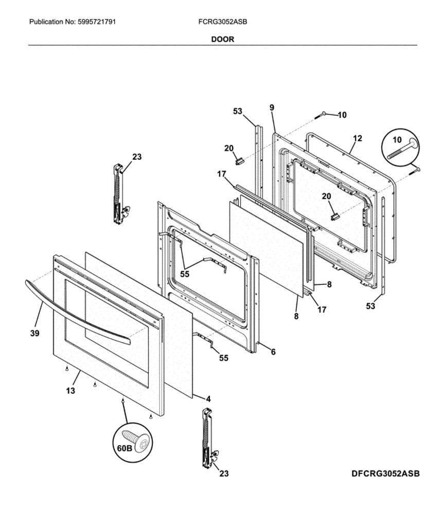 Door Diagram and Parts List for FCRG3052ASB  Frigidaire Range