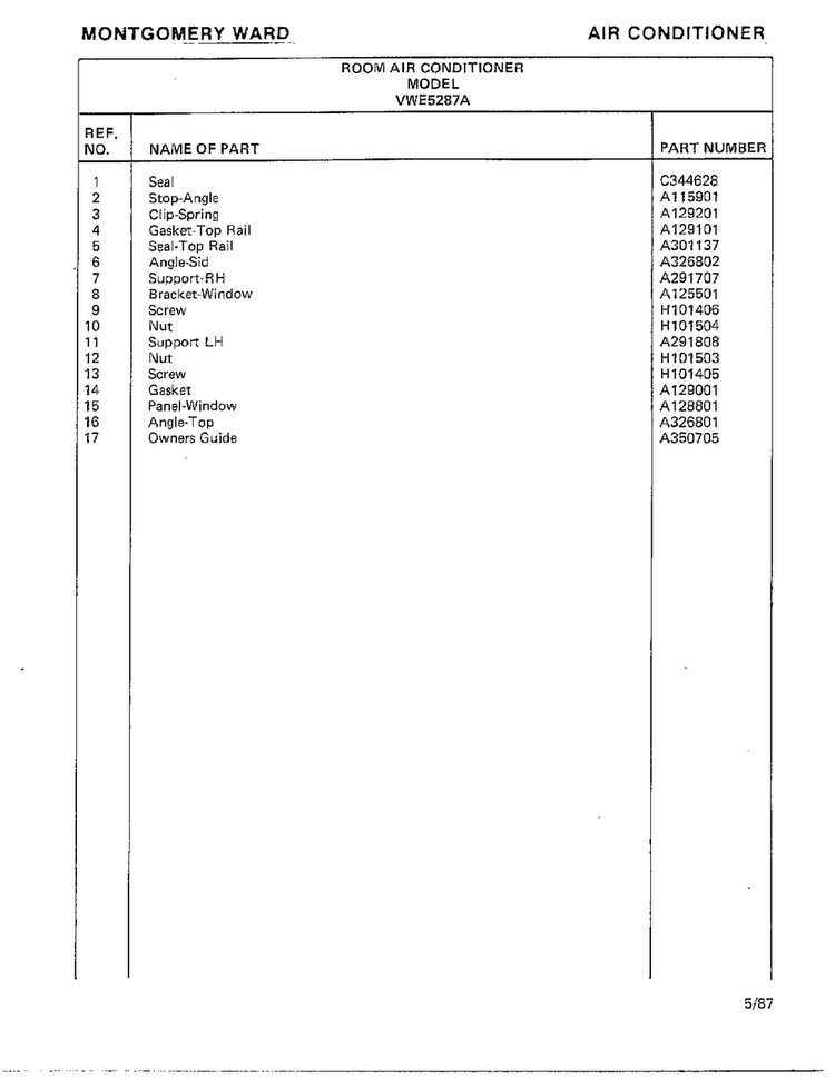 Air Conditioner Page 10 Diagram and Parts List for 5287A  Frigidaire Air Conditioner