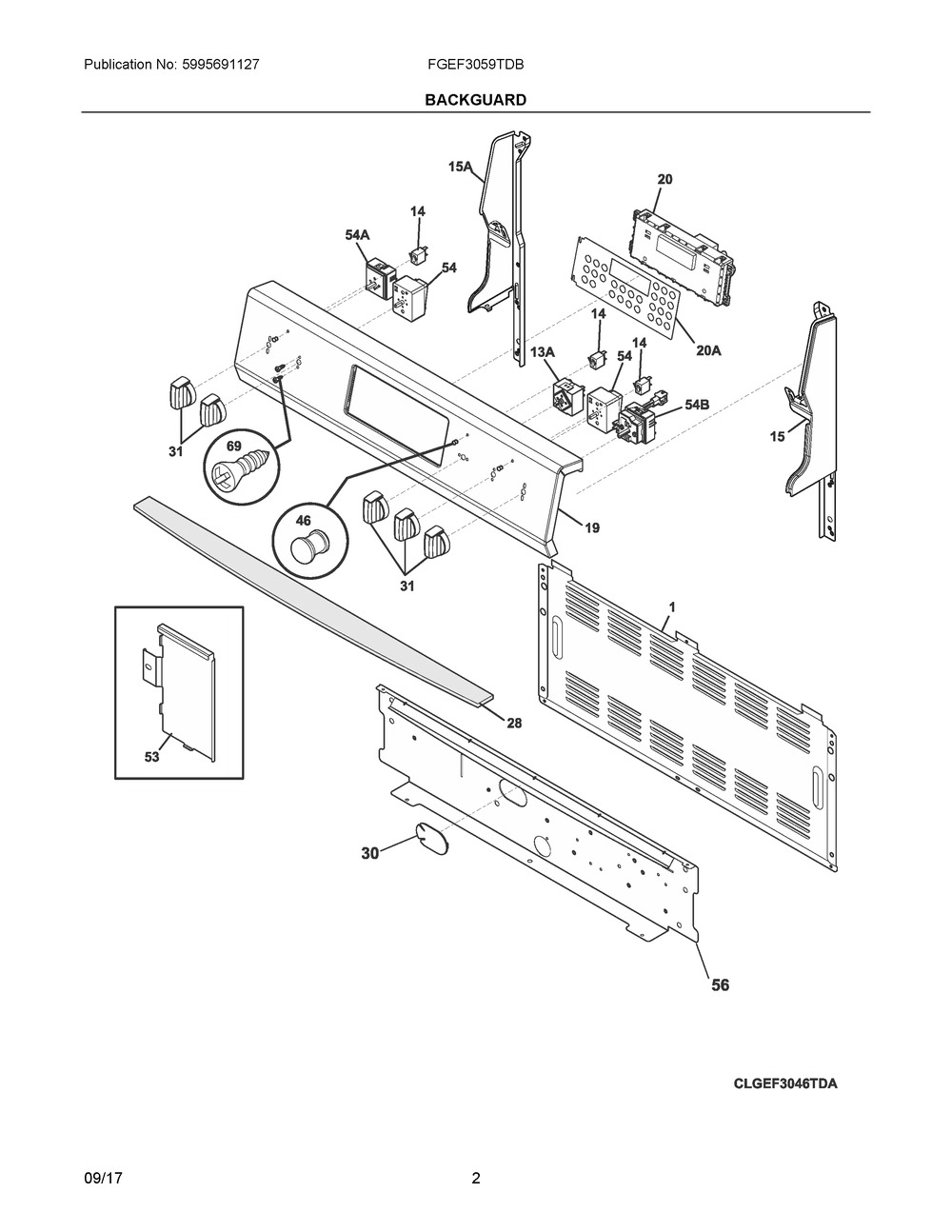 Backguard Diagram and Parts List for FGEF3059TDB  Frigidaire Range