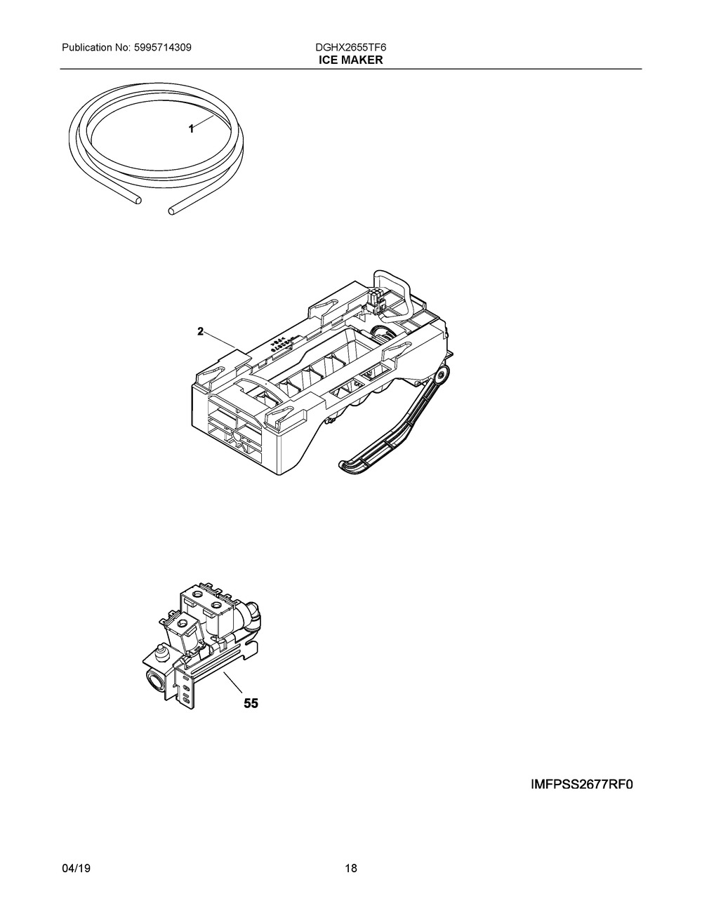 Ice Maker Diagram and Parts List for DGHX2655TF6  Frigidaire Refrigerator