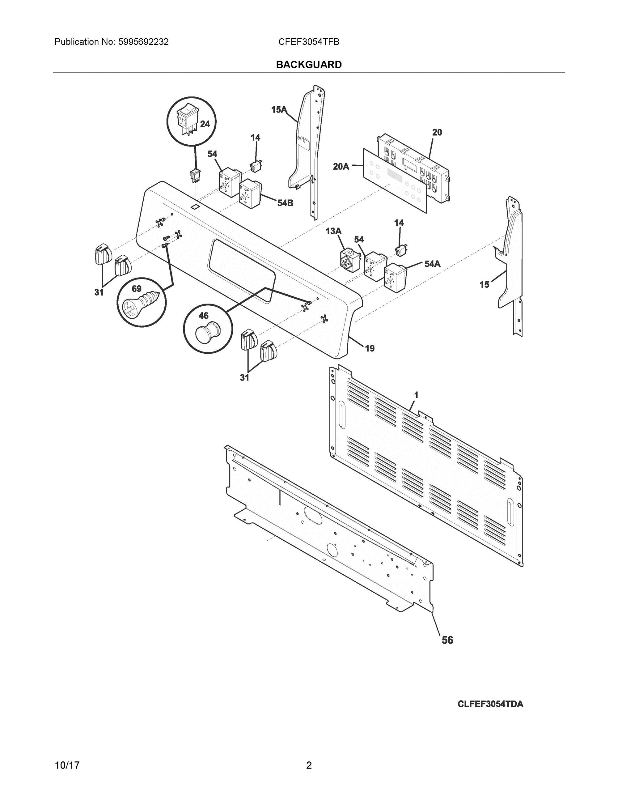 02 - BACKGUARD Diagram and Parts List for CFEF3054TFB  Frigidaire Range