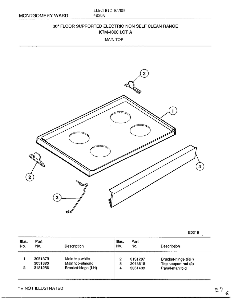 Main Top Diagram and Parts List for 4820A  Frigidaire Range