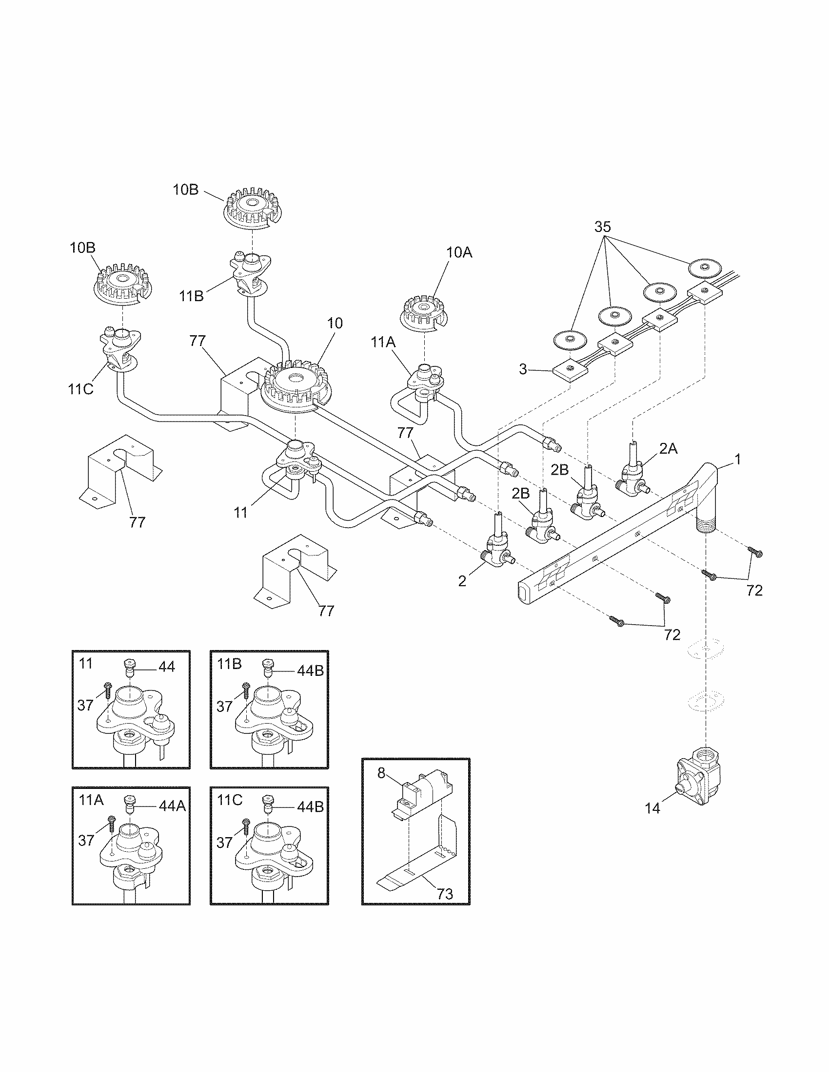 Burner Diagram and Parts List for 79032422900  Kenmore Cooktop