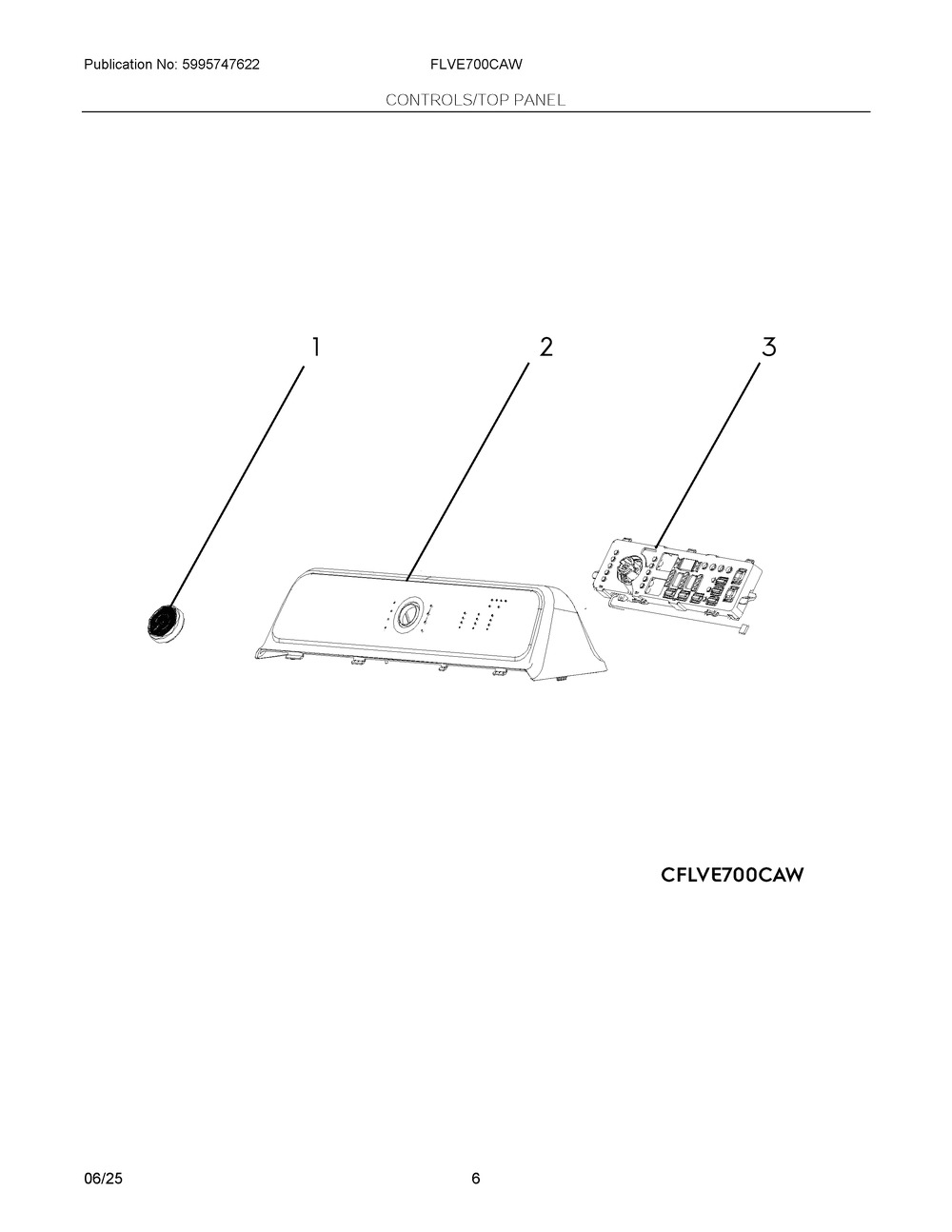 Controls/Top Panel Diagram and Parts List for FLVE700CAW  Frigidaire Dryer