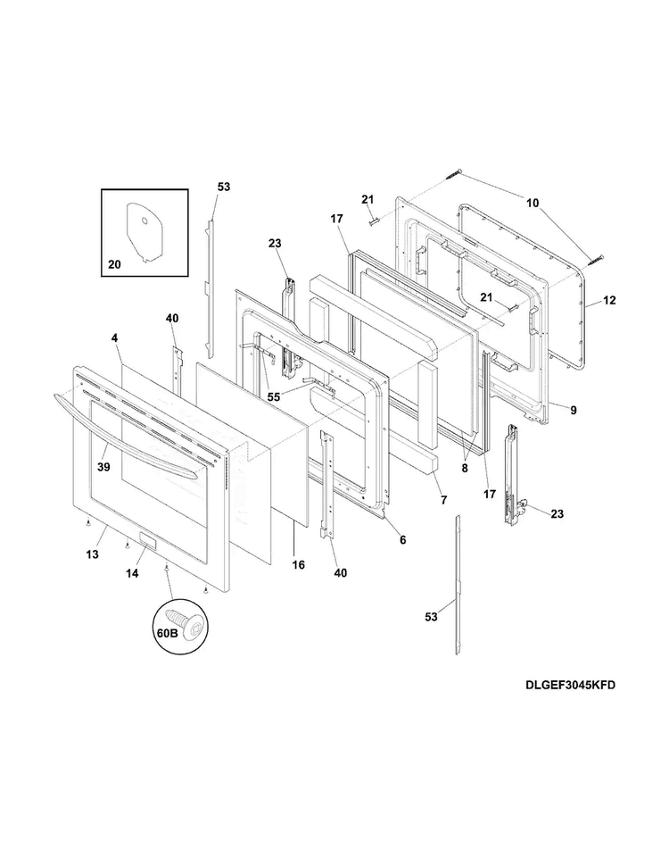 Door Diagram and Parts List for LGEF3045KFK  Frigidaire Range