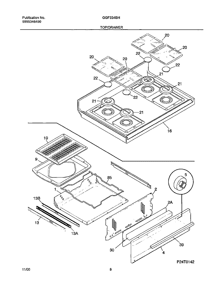 TOP / DRAWER Diagram and Parts List for GGF334BHDD  Gibson Range