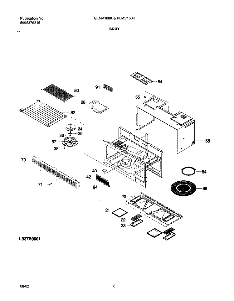 BODY Diagram and Parts List for GLMV168KS2  Frigidaire Microwave