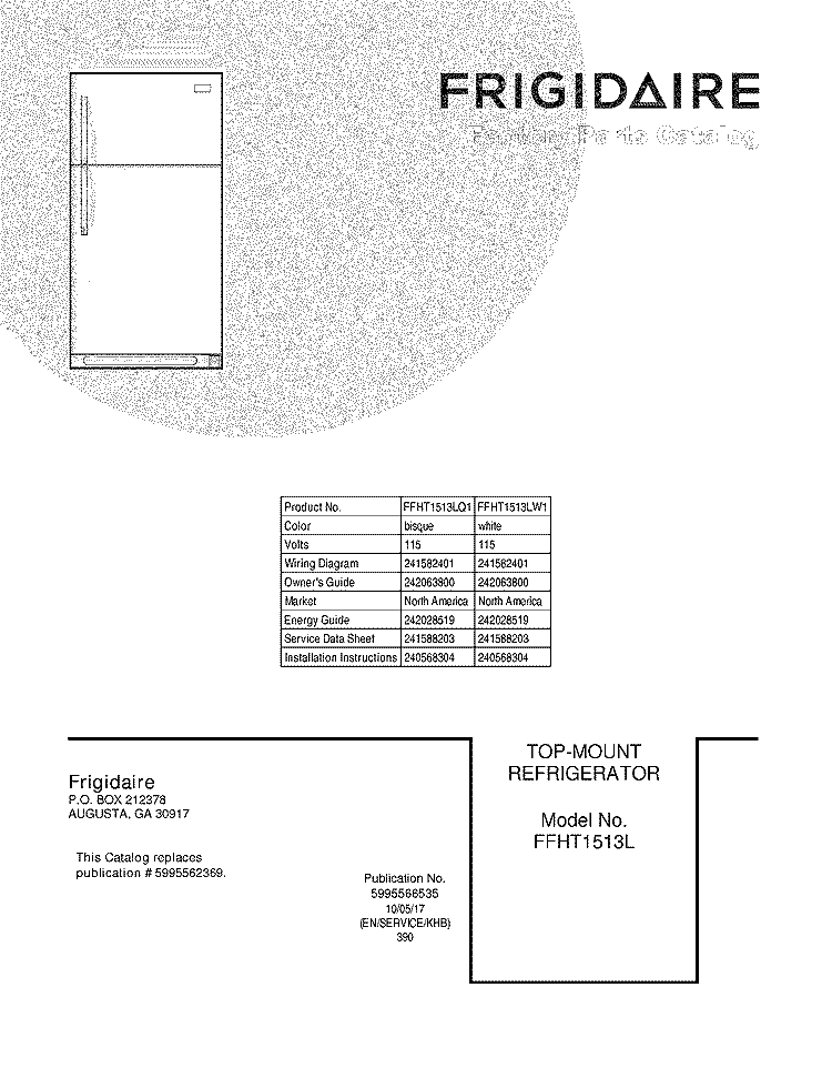 COVER Diagram and Parts List for FFHT1513LQ1  Frigidaire Refrigerator