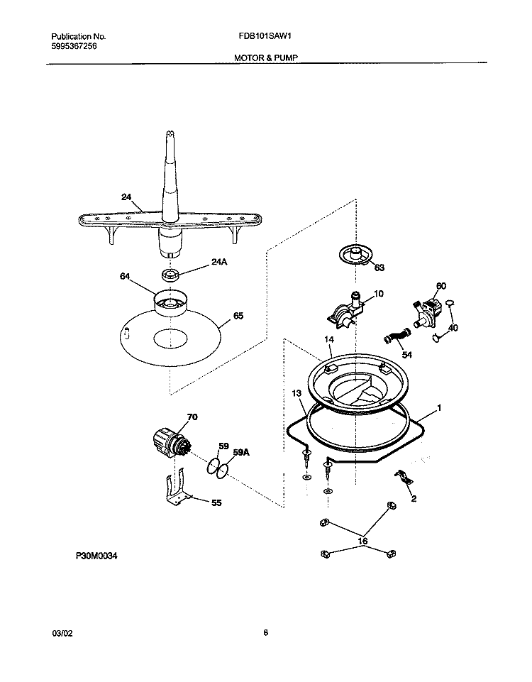 MOTOR & PUMP Diagram and Parts List for FDB101SAW1  Frigidaire Dishwasher