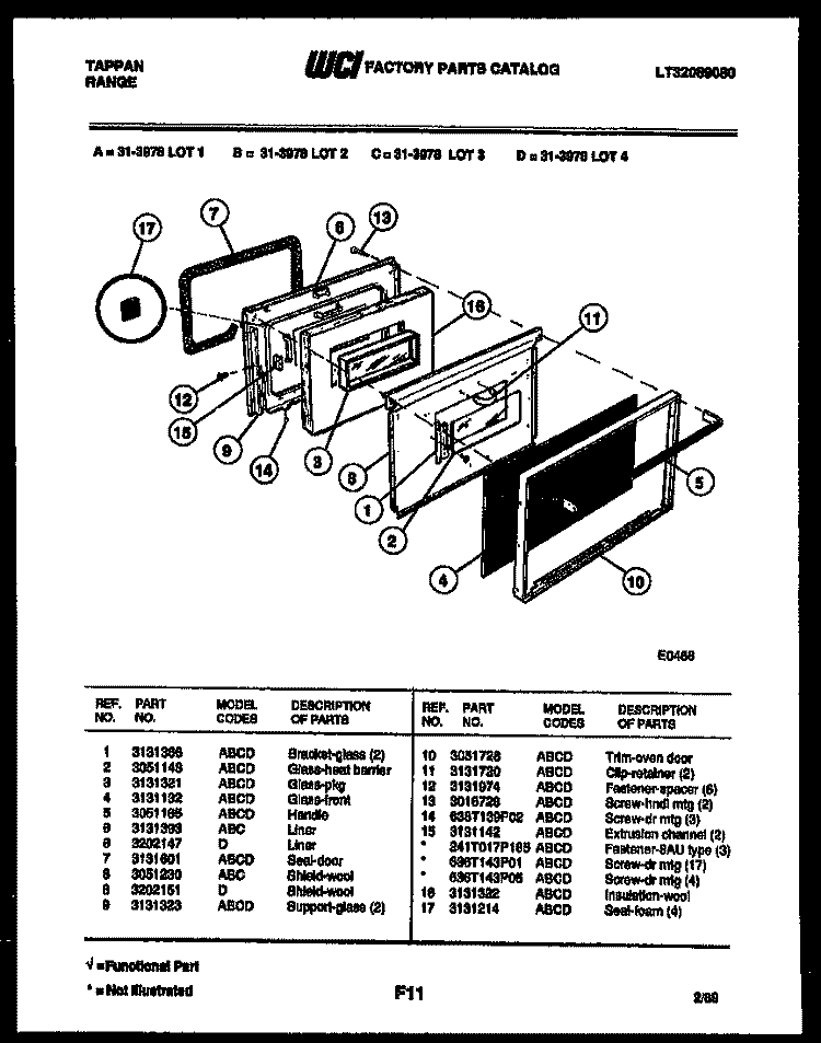 DOOR PARTS Diagram and Parts List for 31-3978-00-02  Tappan Range