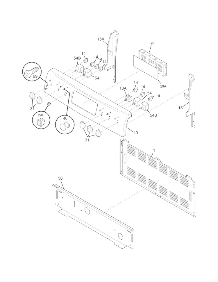 Backguard Diagram and Parts List for FEFB89ECF  Frigidaire Range