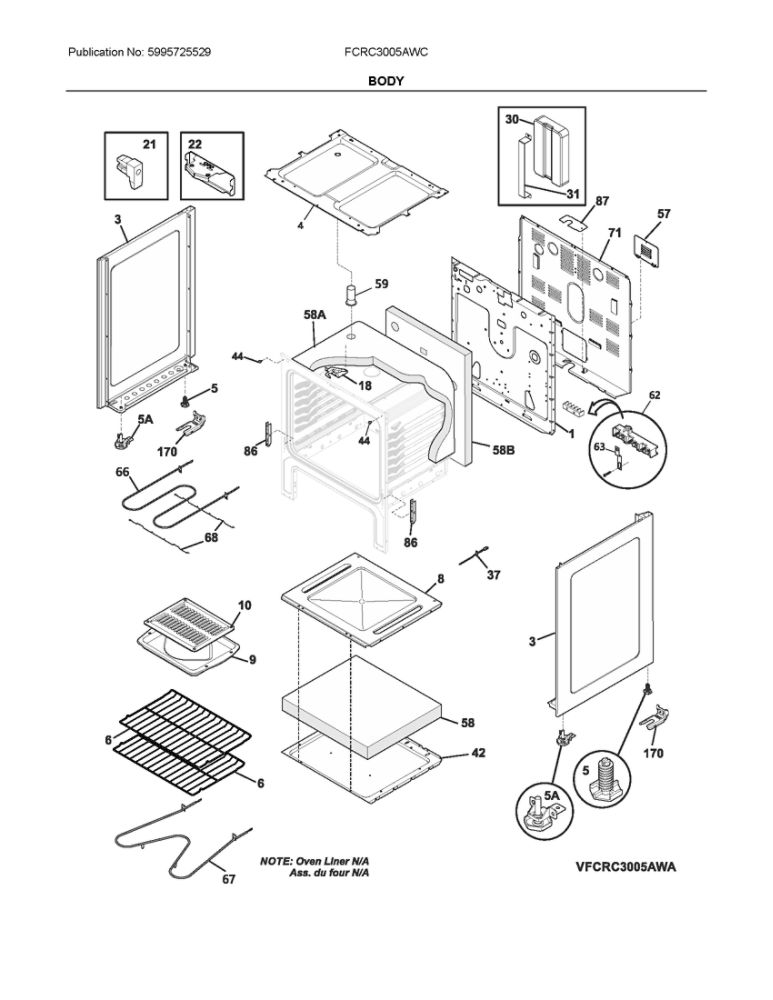 Body Diagram and Parts List for FCRC3005AWC  Frigidaire Range