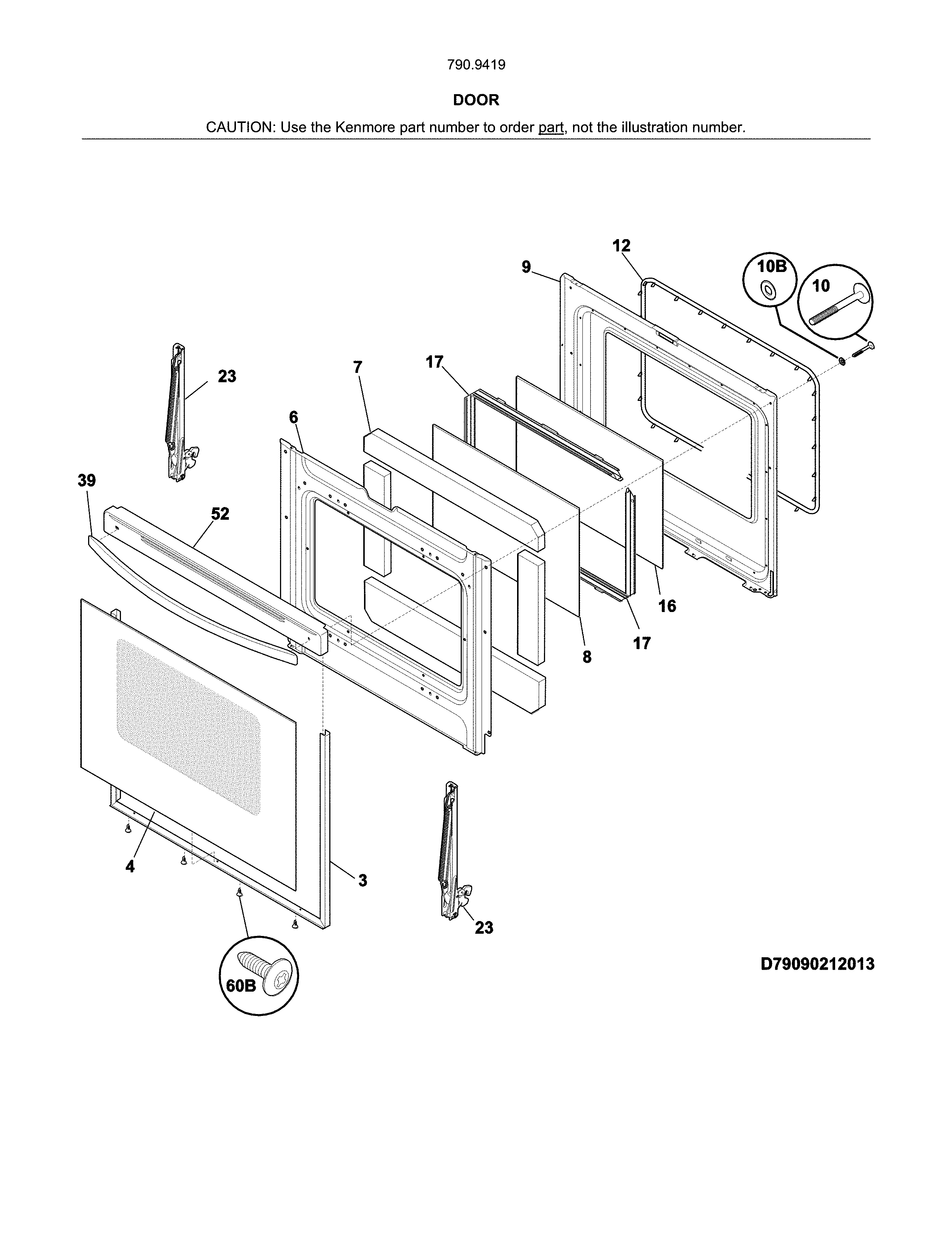 Door Diagram and Parts List for 79094199312  Kenmore Range