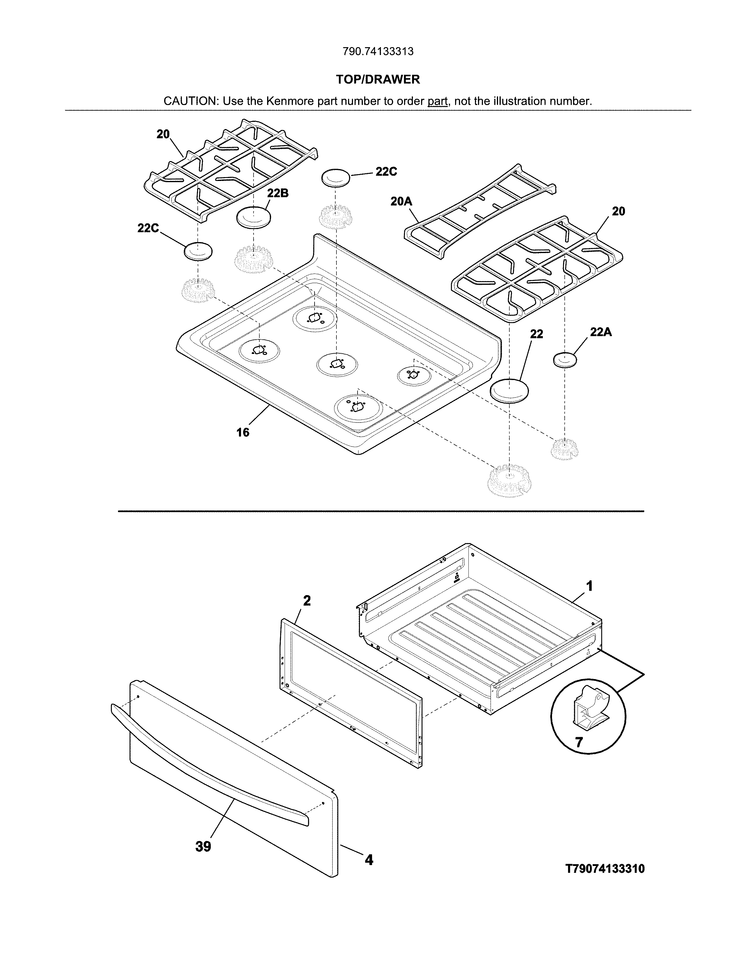 Top/drawer Diagram and Parts List for 79074133313  Kenmore Range