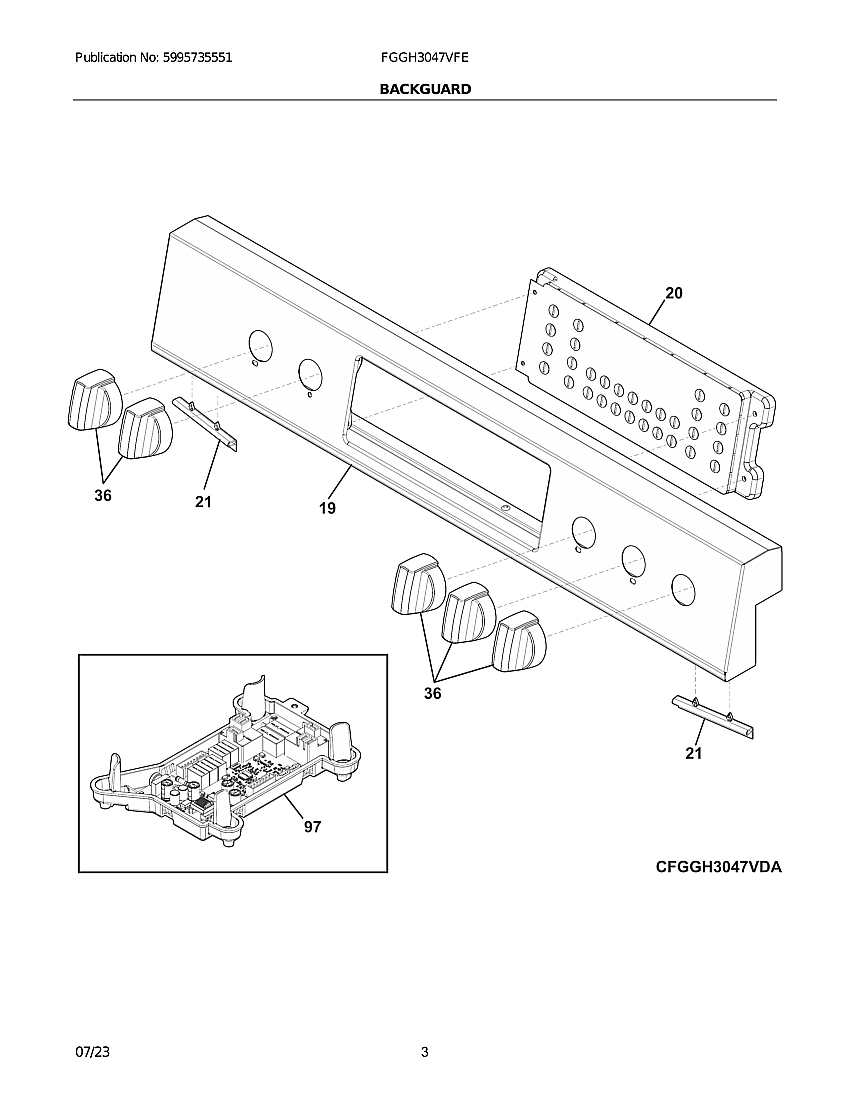 Backguard Diagram and Parts List for FGGH3047VFE  Frigidaire Range