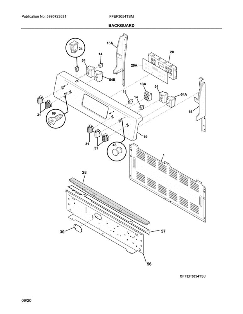 Backguard Diagram and Parts List for FFEF3054TSM  Frigidaire Range