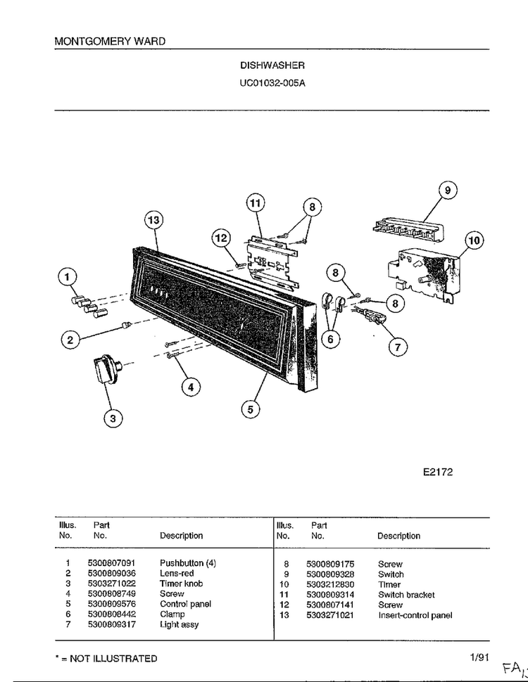 Dishwasher Diagram and Parts List for 1032-005A  Frigidaire Dishwasher