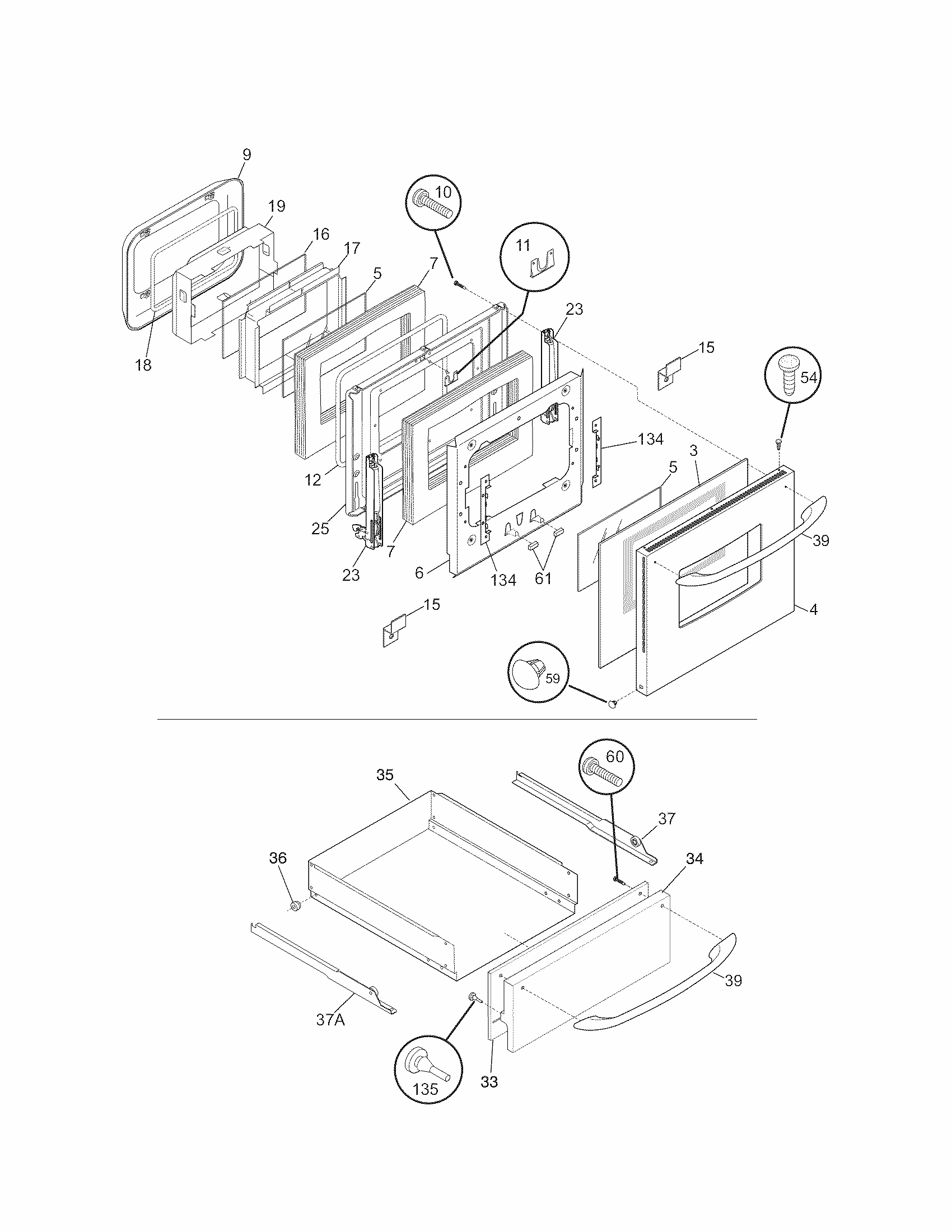 Door/drawer Diagram and Parts List for 79030553802  Kenmore Wall Oven