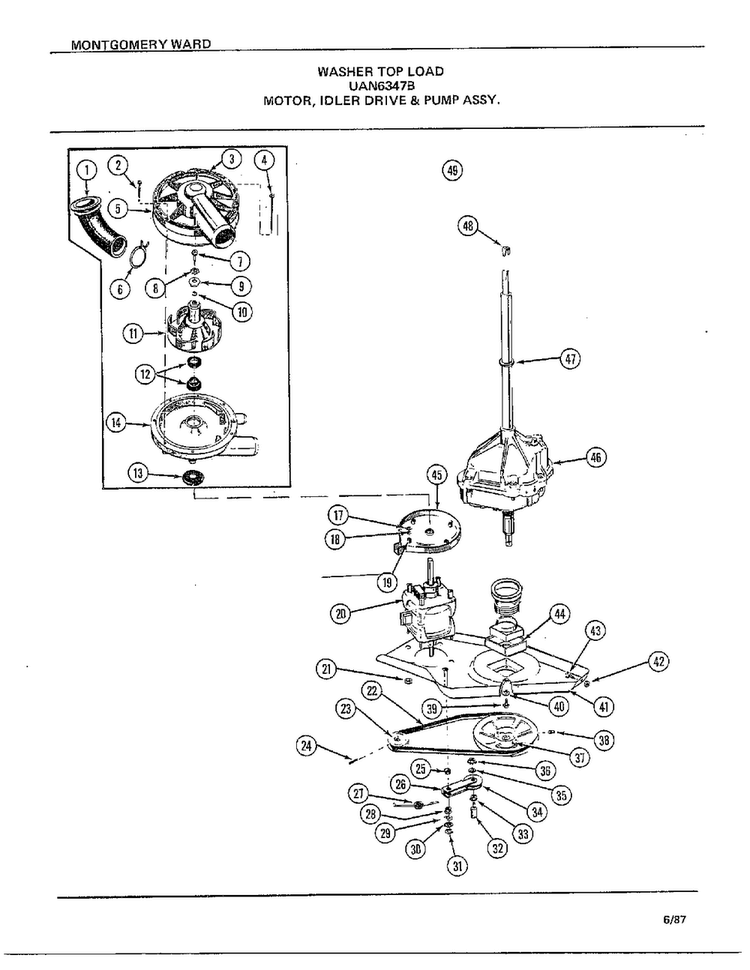 Motor, Idler Drive And Pump Assy Diagram and Parts List for 6347B  Frigidaire Washer