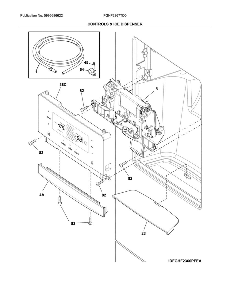 Control & Ice Dispenser Diagram and Parts List for FGHF2367TD0  Frigidaire Refrigerator
