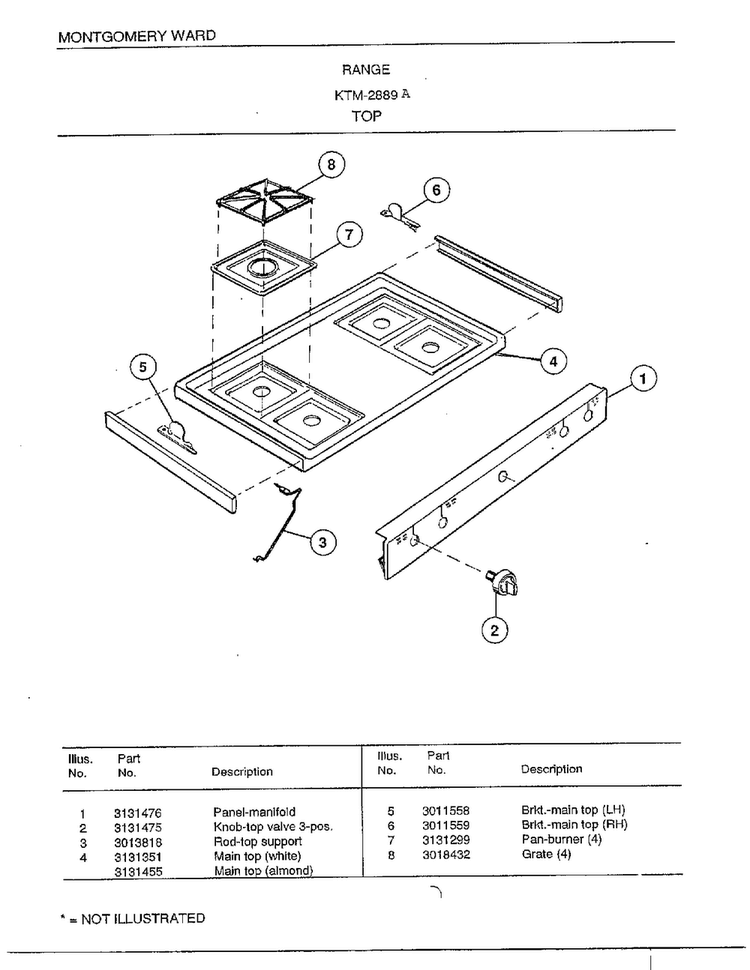 Range/top Diagram and Parts List for 2889A  Frigidaire Range