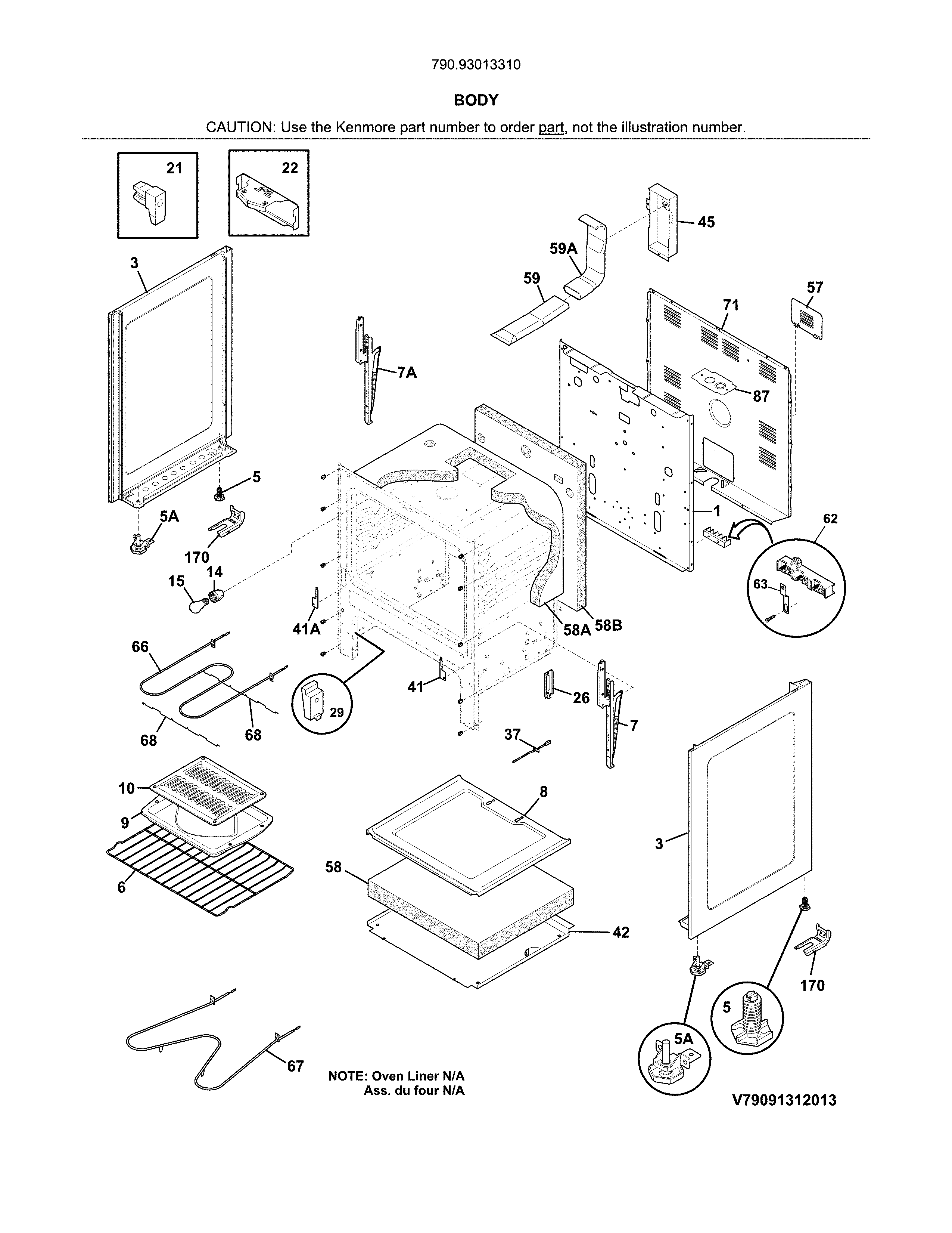 Body Diagram and Parts List for 79093013310  Kenmore Range