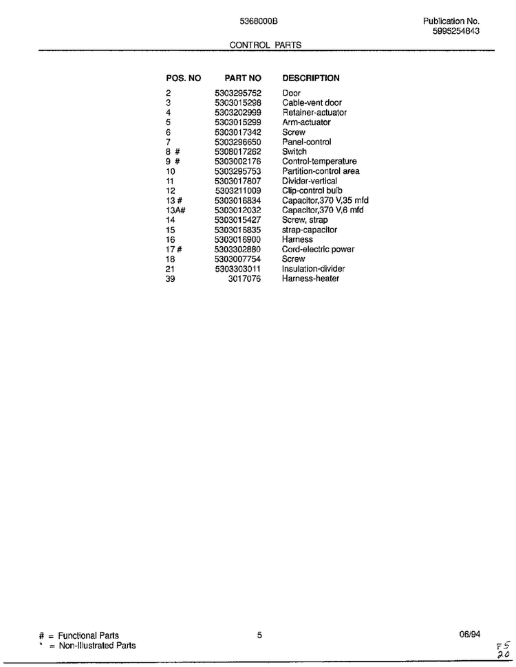 Control Parts Page 2 Diagram and Parts List for 5368000B  Frigidaire Air Conditioner