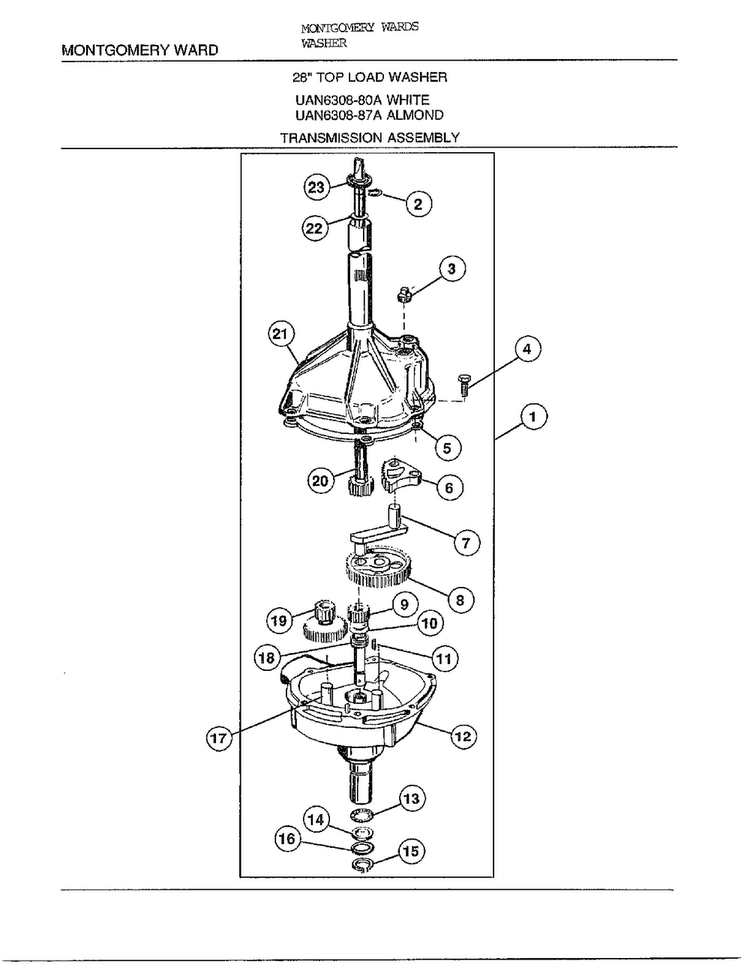 28` Top Load/transmission Assembly Diagram and Parts List for 6308A  Frigidaire Washer