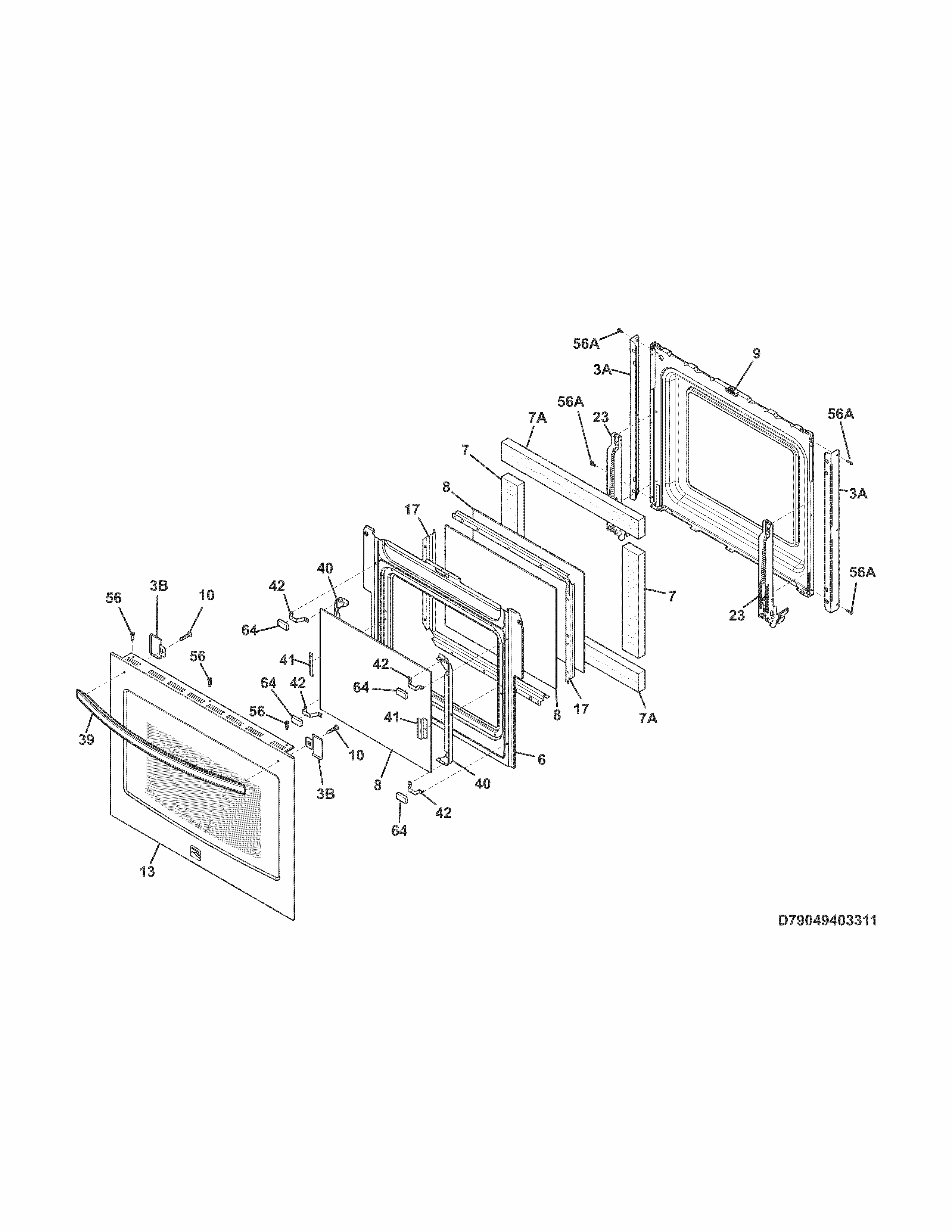 Door Diagram and Parts List for 79049403313  Kenmore Wall Oven