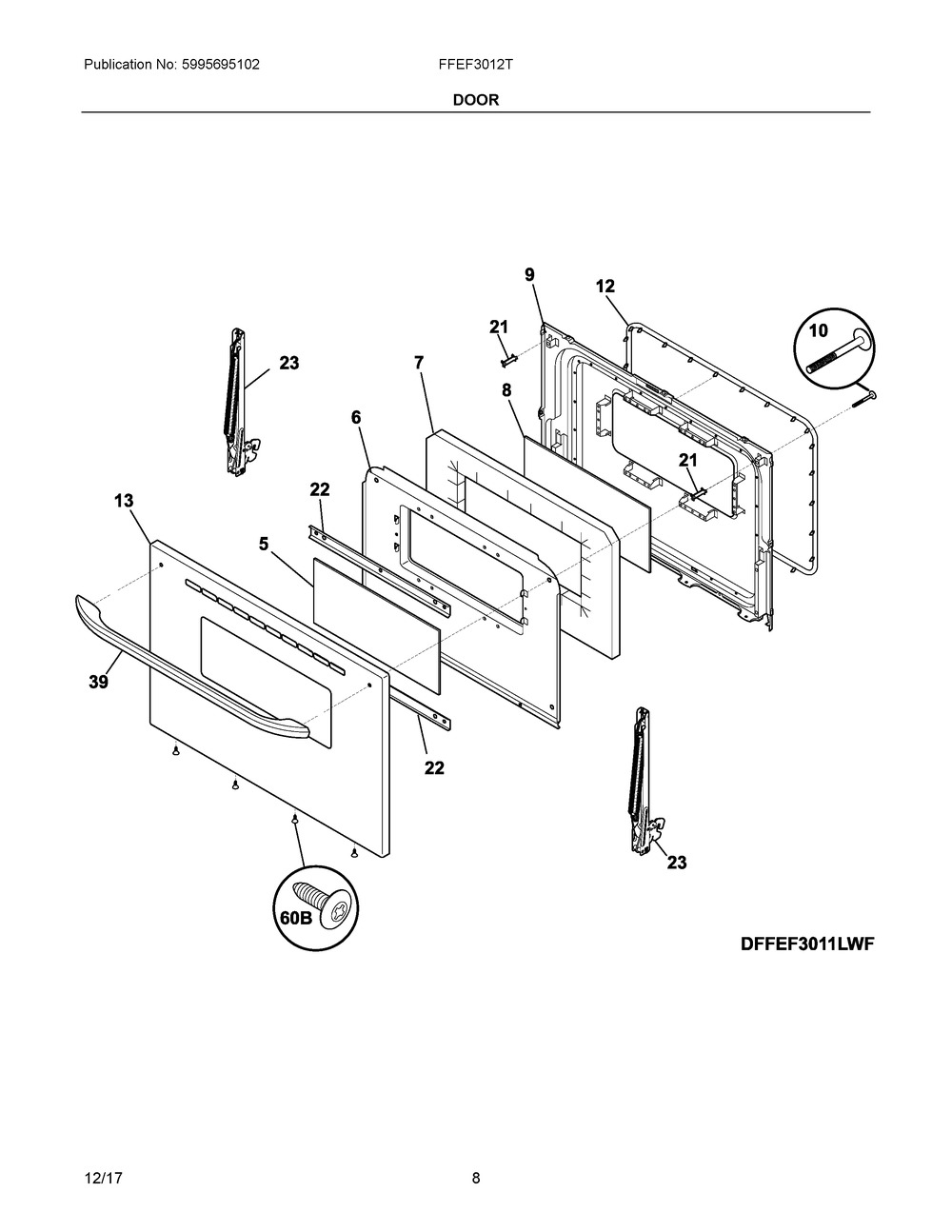 Door Diagram and Parts List for FFEF3012TWB  Frigidaire Range