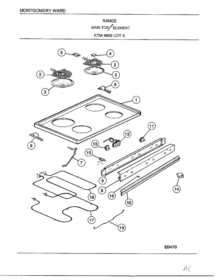 Range/ Main Top Element Diagram and Parts List for 4809A  Frigidaire Range