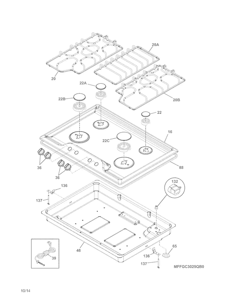 Cook Top Diagram and Parts List for FFGC3025QSA  Frigidaire Cooktop