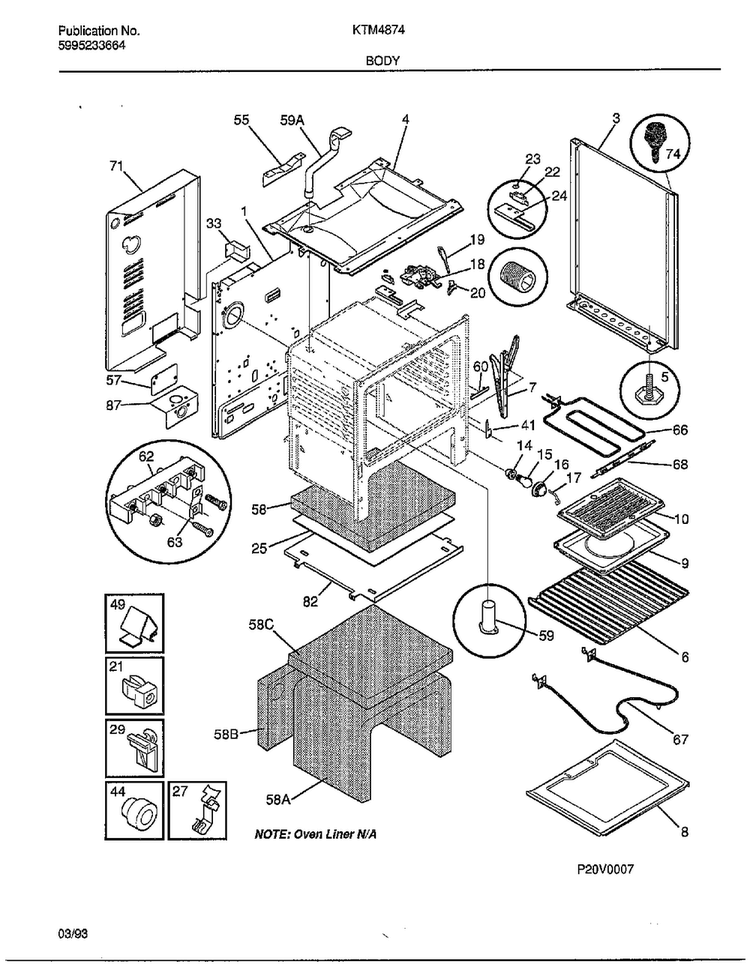 Body Diagram and Parts List for 4874-87A  Frigidaire Range
