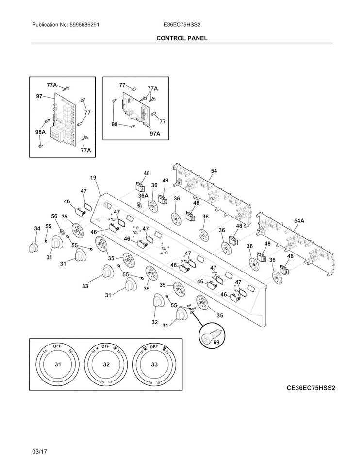Control Panel Diagram and Parts List for E36EC75HSS2  Electrolux Cooktop