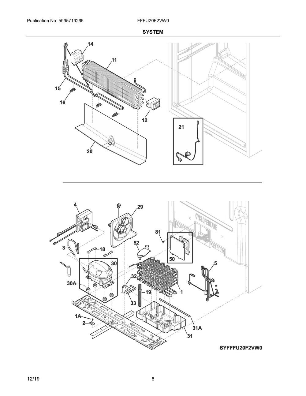 System Diagram and Parts List for FFFU20F2VW0  Frigidaire Freezer