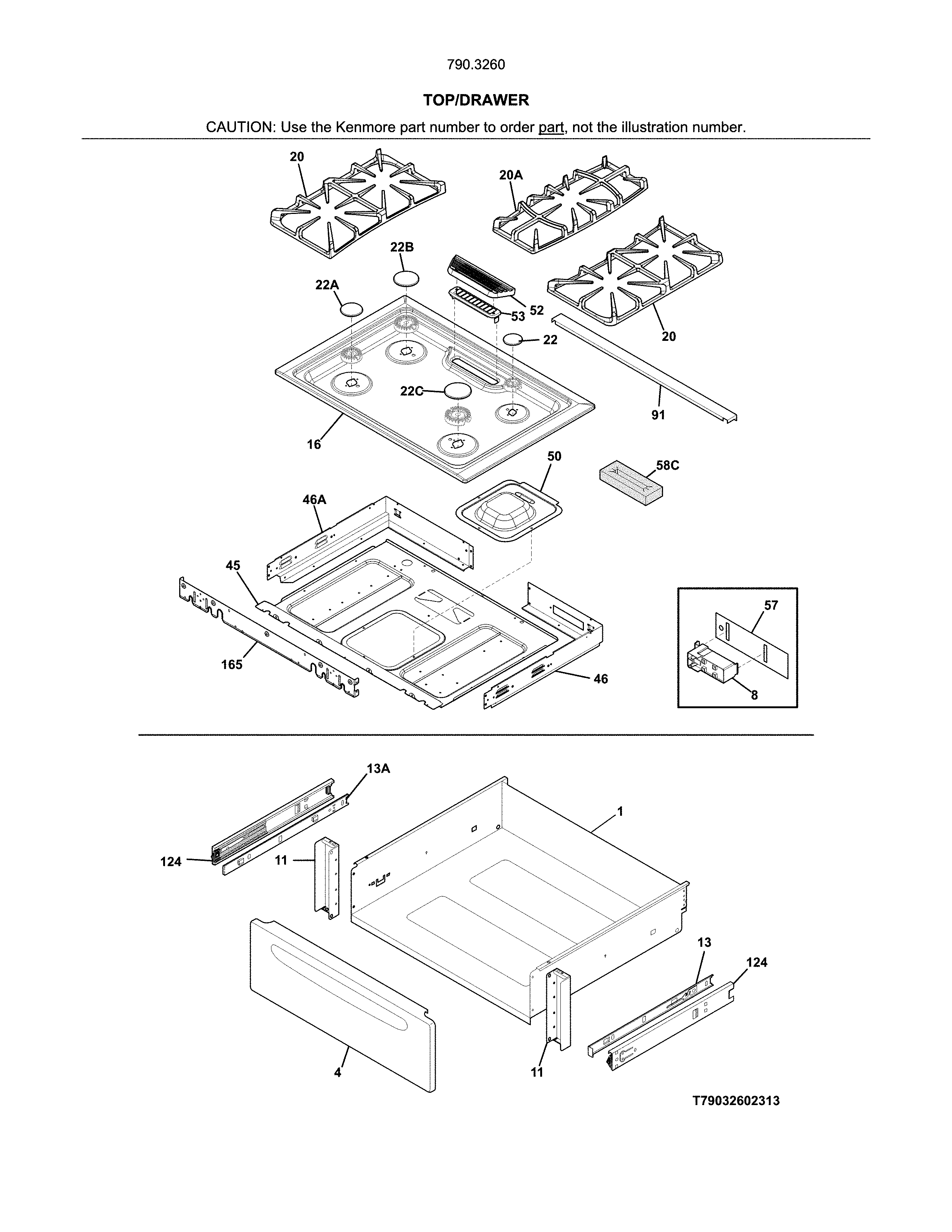 Top/drawer Diagram and Parts List for 79032609316  Kenmore Range